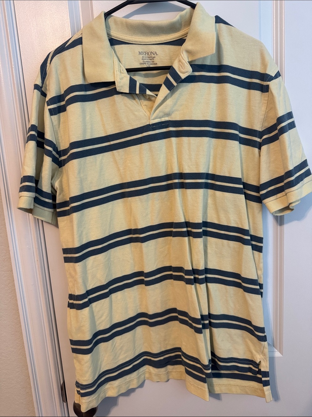Merona Pale Yellow Polo with Navy Stripes